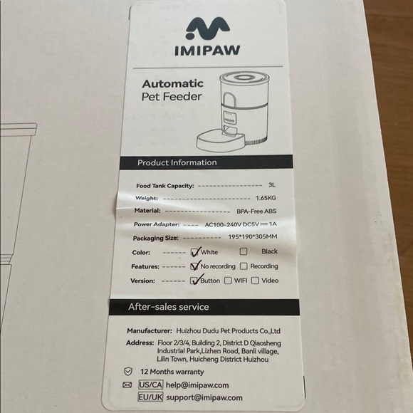 IMIPAW Automatic 3L Pet Feeder in White Cats or Dogs Programmable - Picture 9 of 12